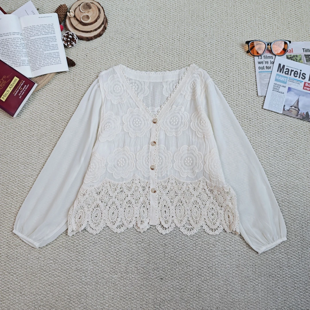 2025春季新款休闲宽松百搭长袖纯色蕾丝衬衫外套9858