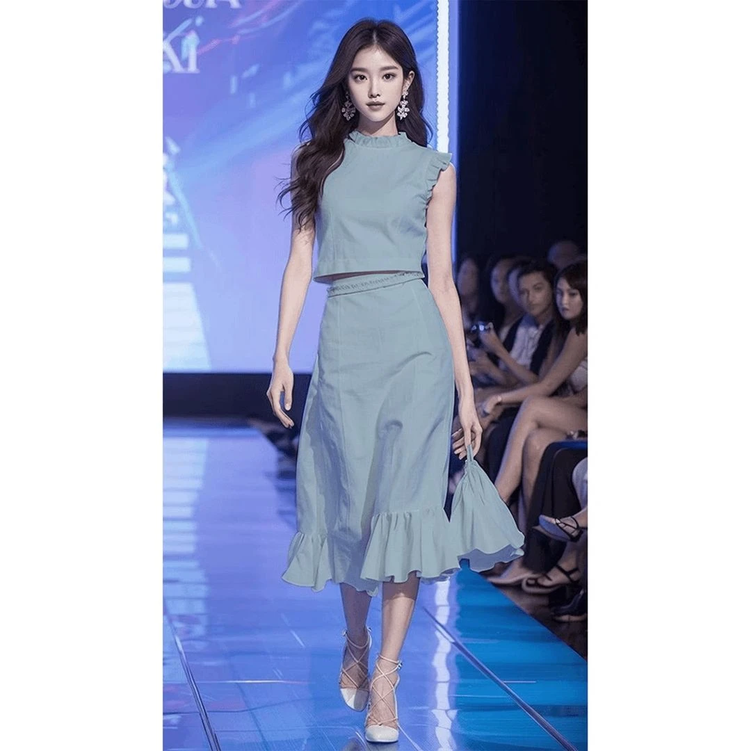 2025今年流行漂亮新款蓝色鱼尾半身裙日常穿搭套装夏装搭配一整套