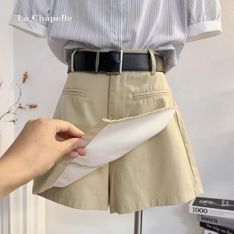 拉夏贝尔卡其色休闲短裤裙女2025夏季高腰a字阔腿裤防走光短裙裤
