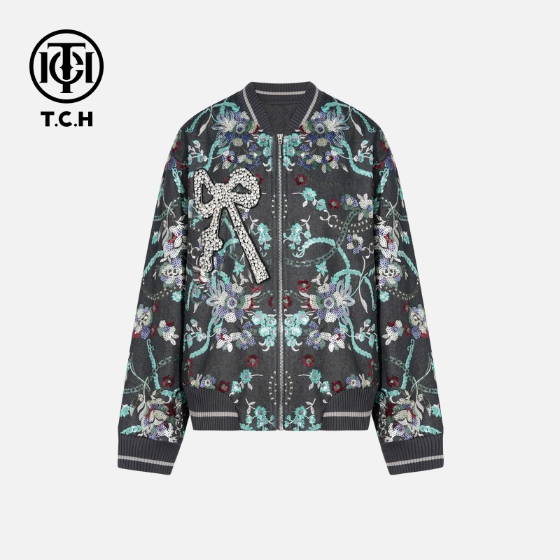TCH轻奢烫钻工艺秋季痞帅炸街风印花牛仔外套T75C06E1001私服tch