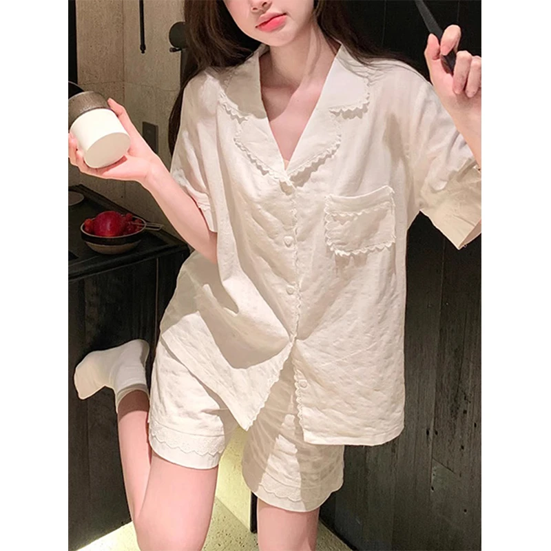 【纯色蕾丝边】法式清纯简约睡衣女新款短袖短裤可外穿家居服两件套