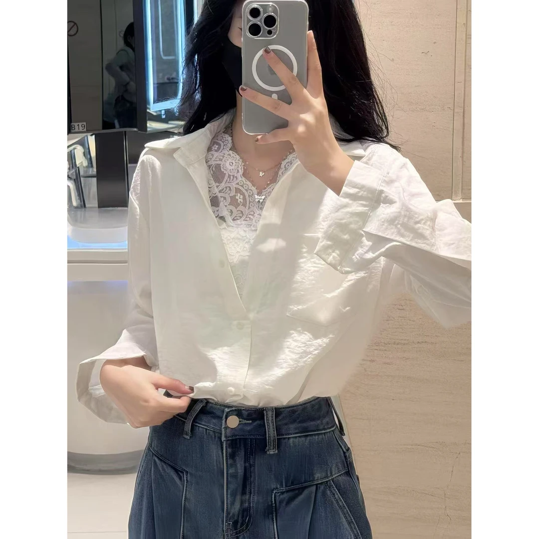 1020衬衫+蕾丝内搭（真两件）女长袖衬衣翻领开衫上衣蕾丝内搭Q