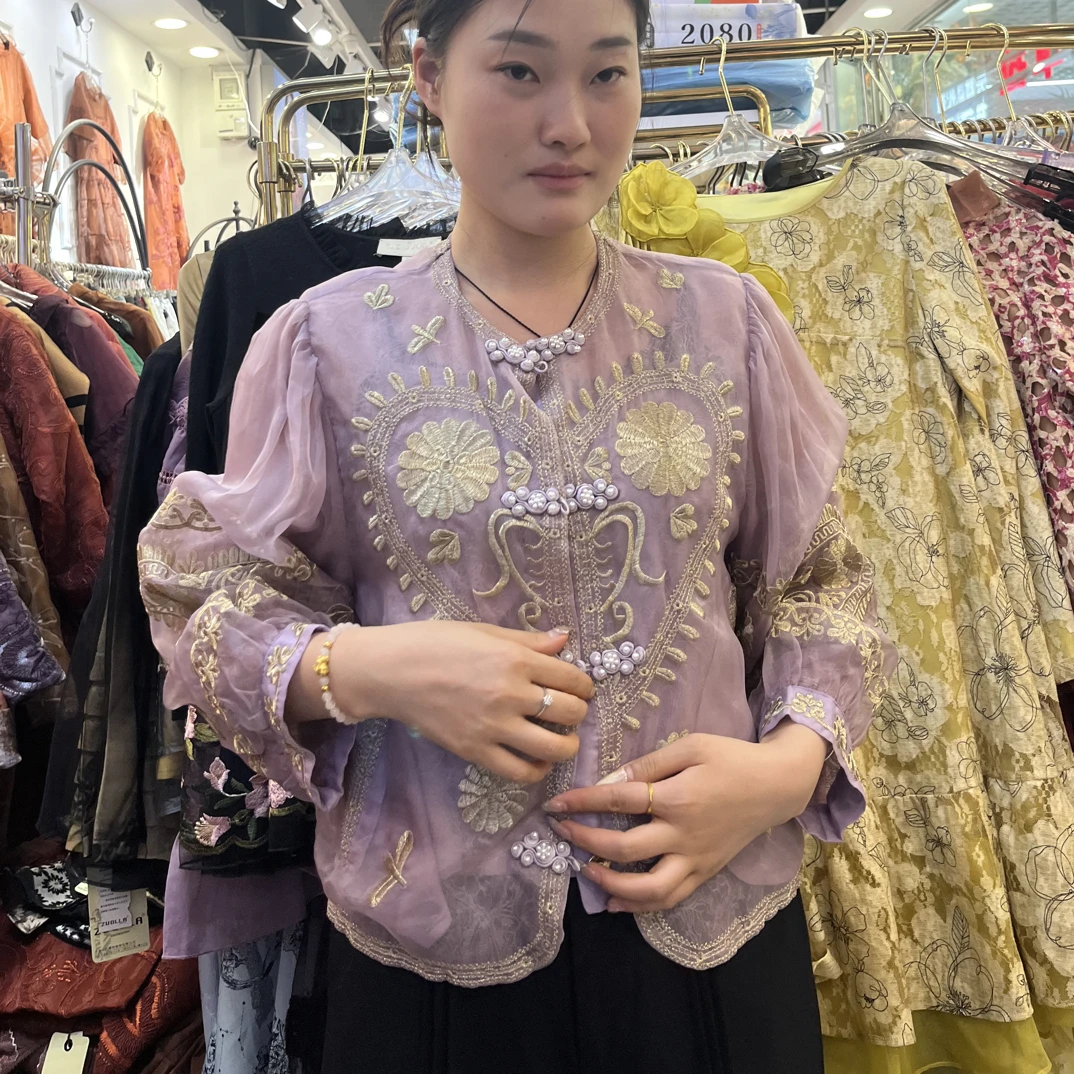设计感紫色重工刺绣微透雪纺衫女法式新款衬衫