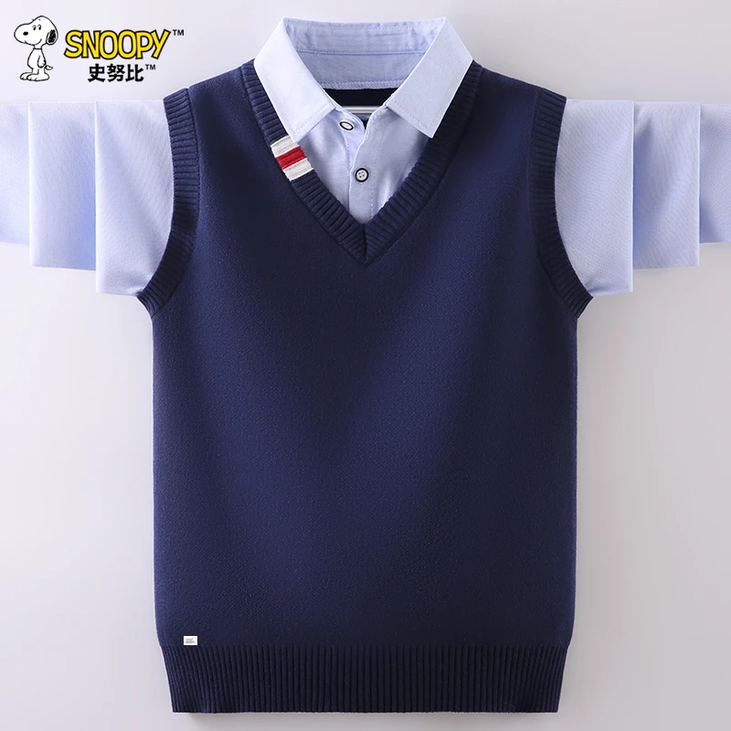 Snoopy/史努比男童毛衣假两件2025秋冬新款儿童针织衫加绒加厚潮