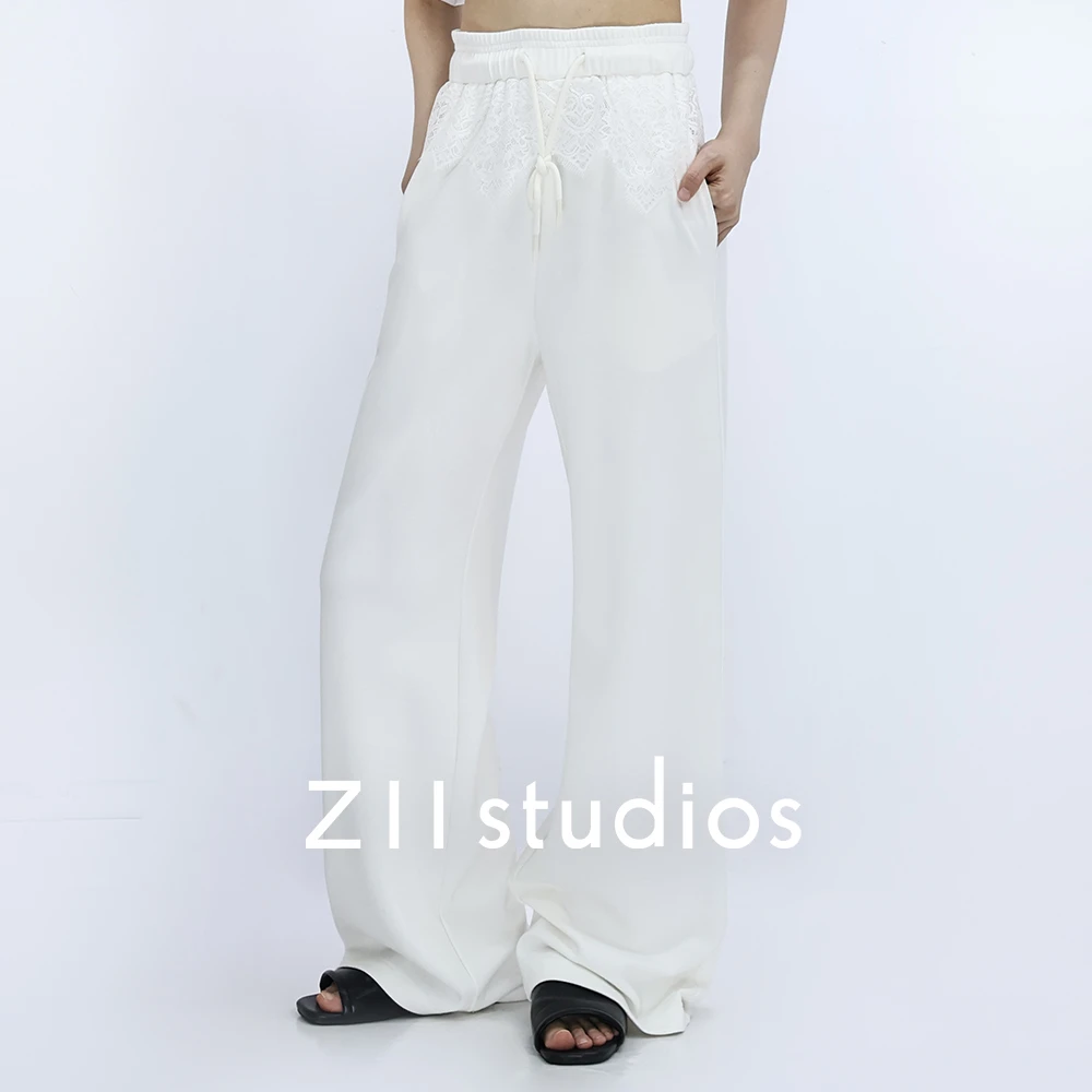 z11轻奢| 解构蕾丝边腰头休闲时尚运动莱赛尔针织纯色阔腿裤