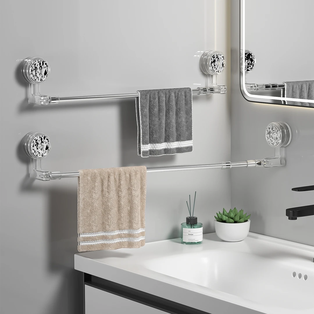 美简吸盘旋转伸缩毛巾架浴室浴巾拖鞋防潮晾晒架免打孔轻奢置物架