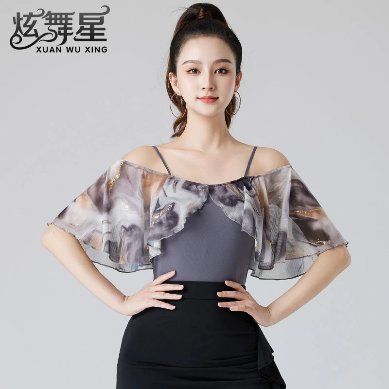 时尚新款拉丁舞上衣女士性感露肩连体舞蹈服成人摩登舞飞袖练功服