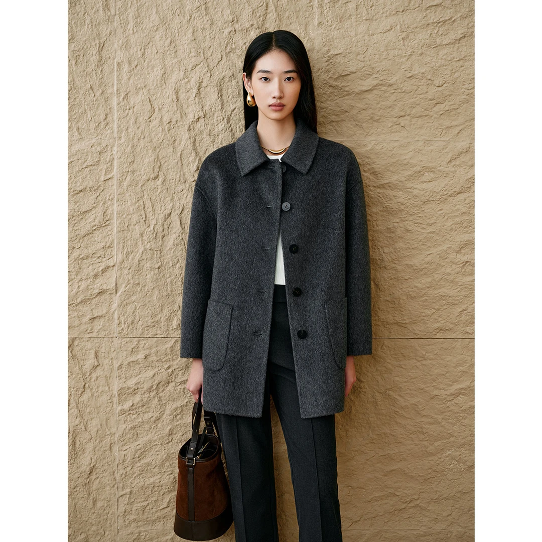 INSUN恩裳专选冬季极简风翻领羊毛双面呢大衣9C64580160