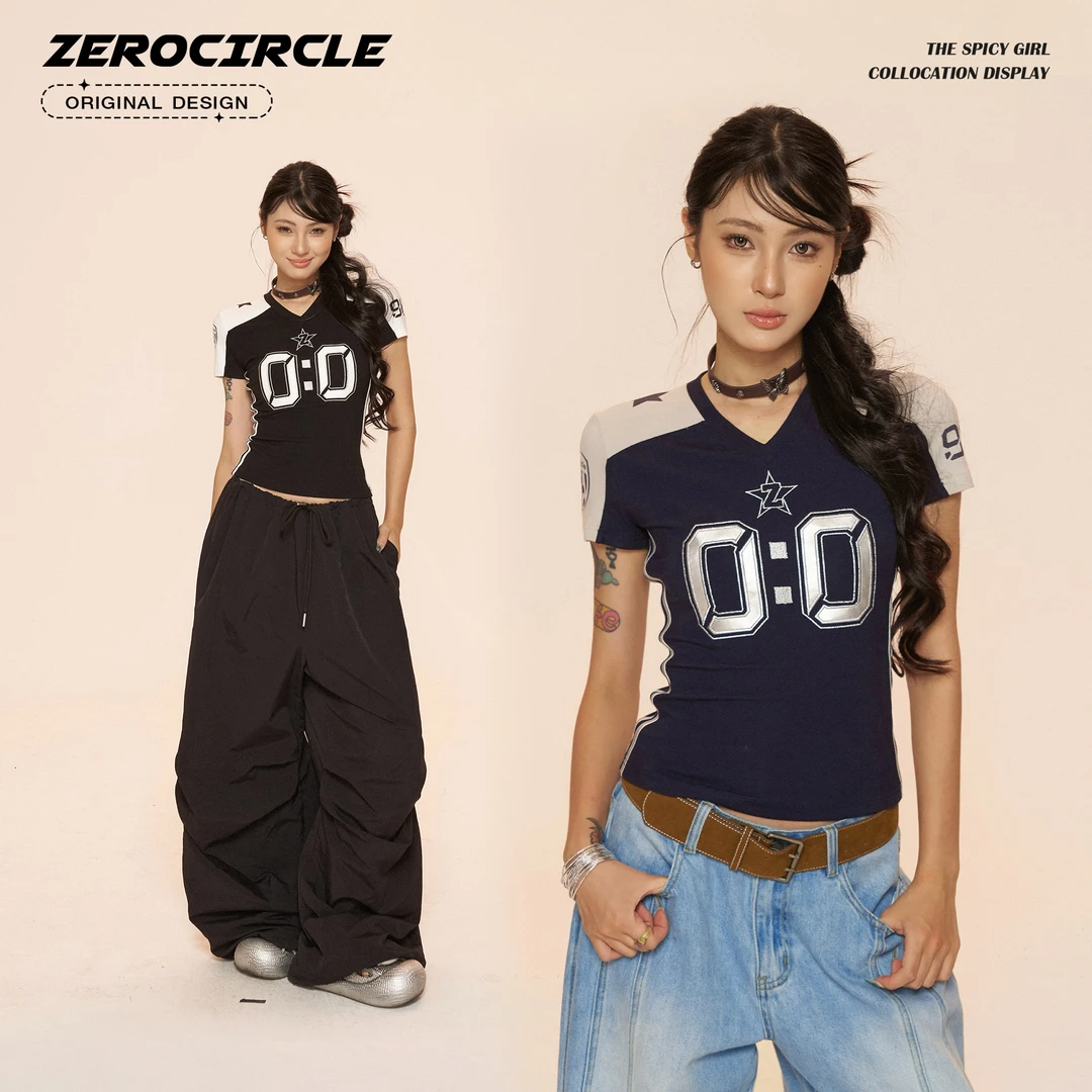 野生zerocircle 美式拼接修身T恤夏季休闲印花上衣 T35676E52