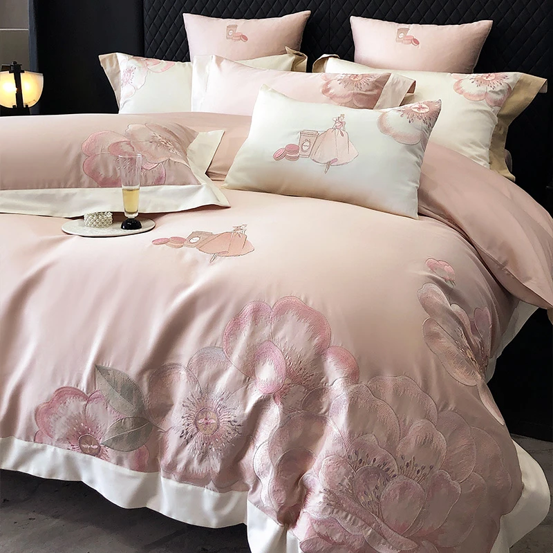 皇后娘娘  新中式绣花长绒棉四件套田园花卉纯棉被套卧室床上用品