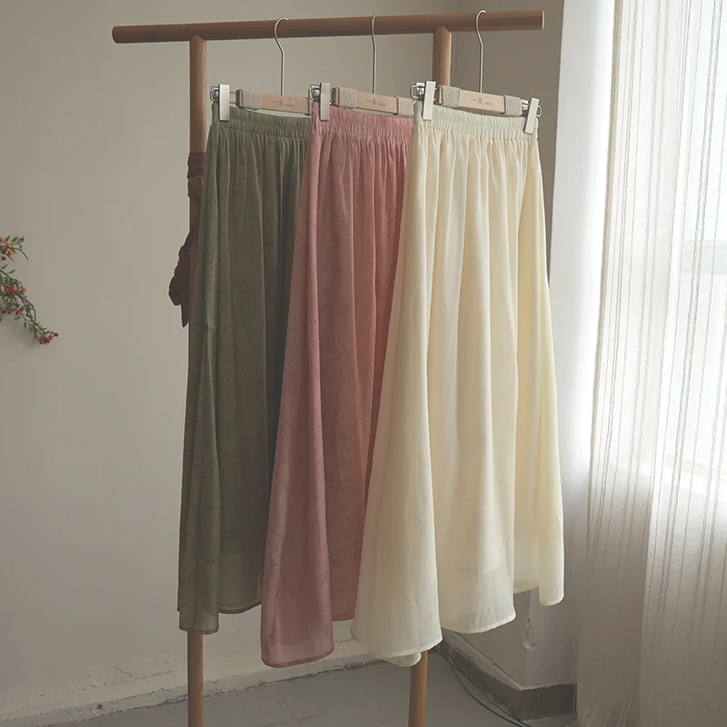 3746《池雨》原创新款复古印花a字长裙改良高腰半身裙女