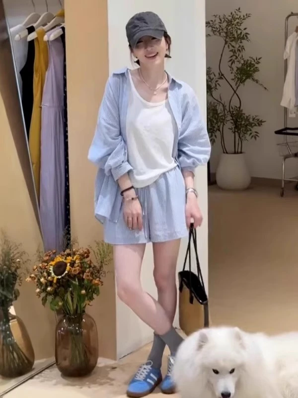 2025夏季新款洋气薄款显瘦背心防晒衬衫外套女高腰松紧短裤三件套