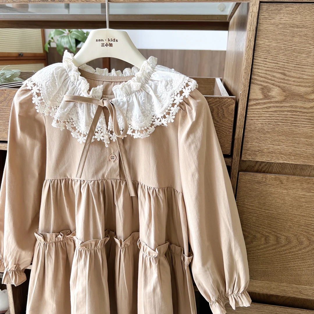 【棉布裙】551（奶咖色）连衣裙 女童森系百搭 蕾丝荷叶花边领 连衣裙
