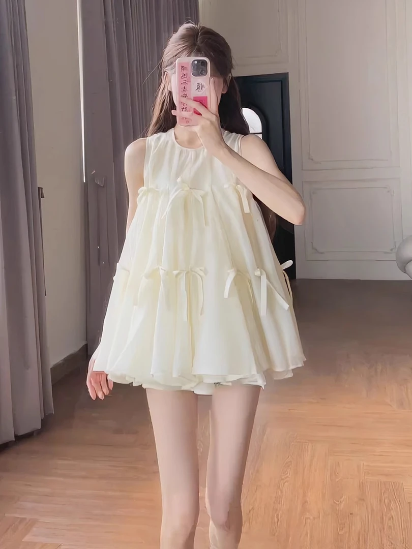 法式重工网纱拼接蝴蝶结背心连衣裙女夏季新款甜美减龄无袖短裙