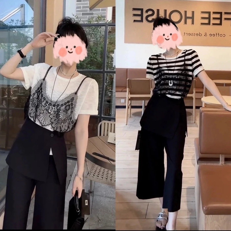 精致假两件短袖洋气薄款T恤上衣时尚小众设计气质百搭腰封裤套装