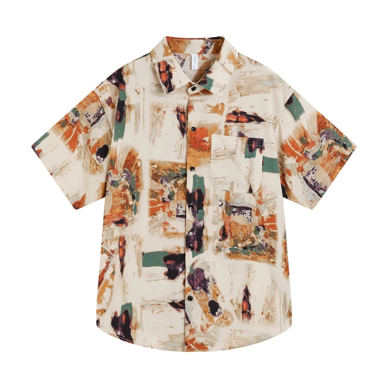 复古港味衬衫夏季潮流宽松情侣设计感衬衣日系休闲满印小众五分袖