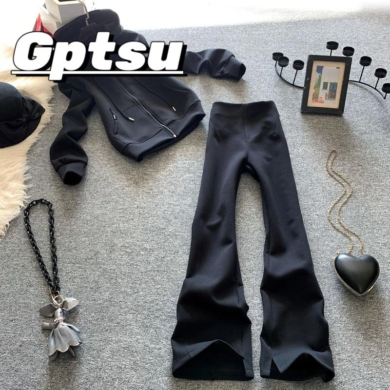 GPTSu休闲时尚运动套装女炸街洋气显瘦黑色连帽卫衣直筒裤两件套