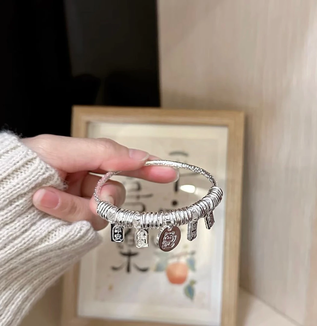 足银手镯 平安纳福招财猫盘缠手镯足银999轻奢七夕情人节送女朋友