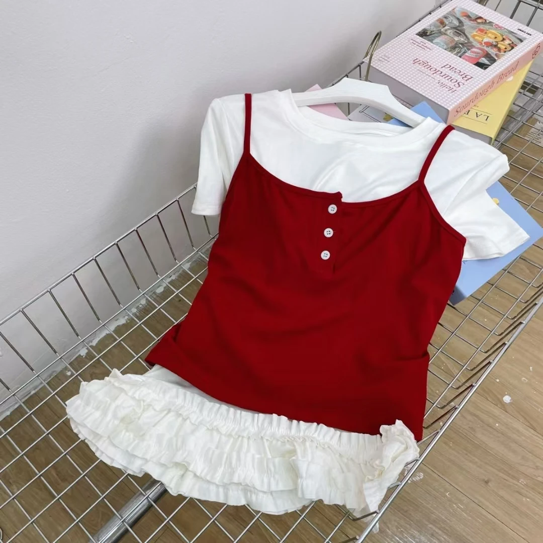 通勤常规红色甜辣撞色背心T恤休闲风拼接夏季针织显瘦韩版