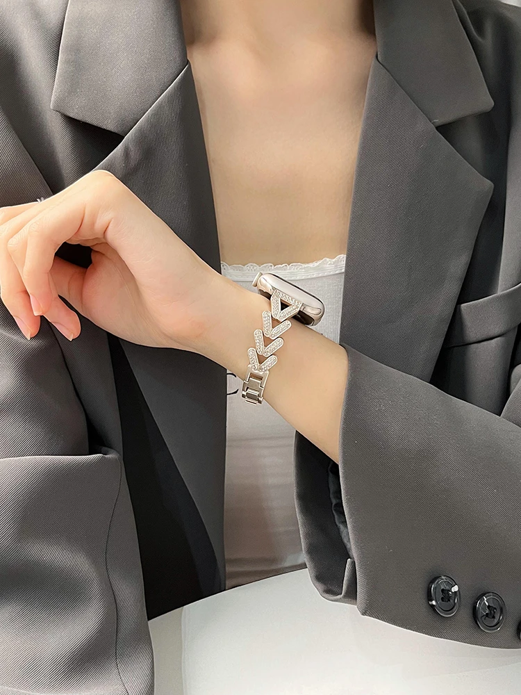 适用applewatchS8表带S9苹果S10手表细款V型金属镶钻SE新款高级夏