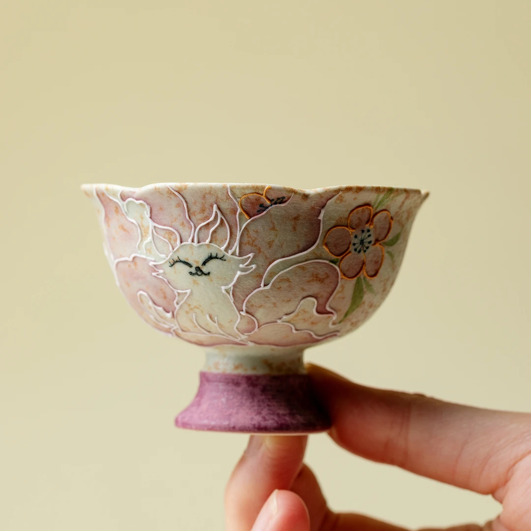 青云贮月-焦糖釉手绘九尾狐花口高足主人杯仙女品茗茶杯功夫茶具