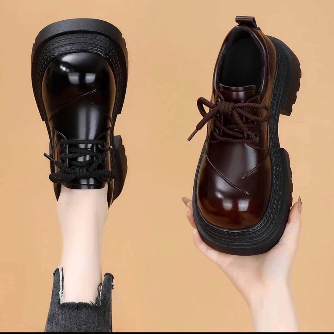 欧货英伦风小皮鞋女鞋2025春秋新款擦色系带圆头松糕厚底乐福鞋