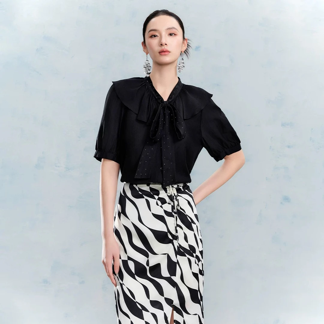 【曼德诗商场款】飘带领衬衫新款莱赛尔天丝烫钻衬衣M311109838