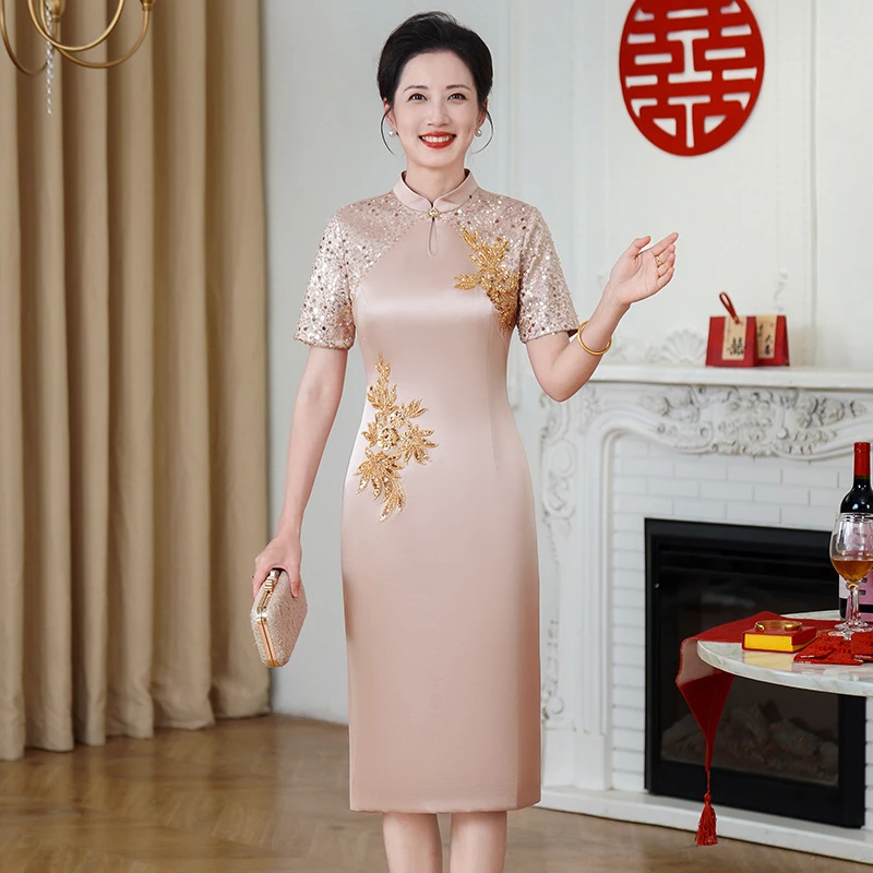 5981夏装新款气质妈妈婚宴礼服裙年轻喜婆婆装新中式旗袍连衣裙