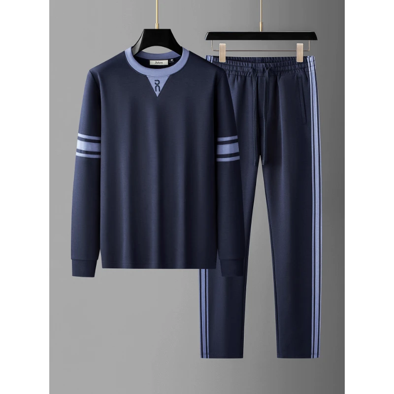 长袖休闲运动套装男秋季时尚撞色织带面膜空气层莫代尔男士两件套