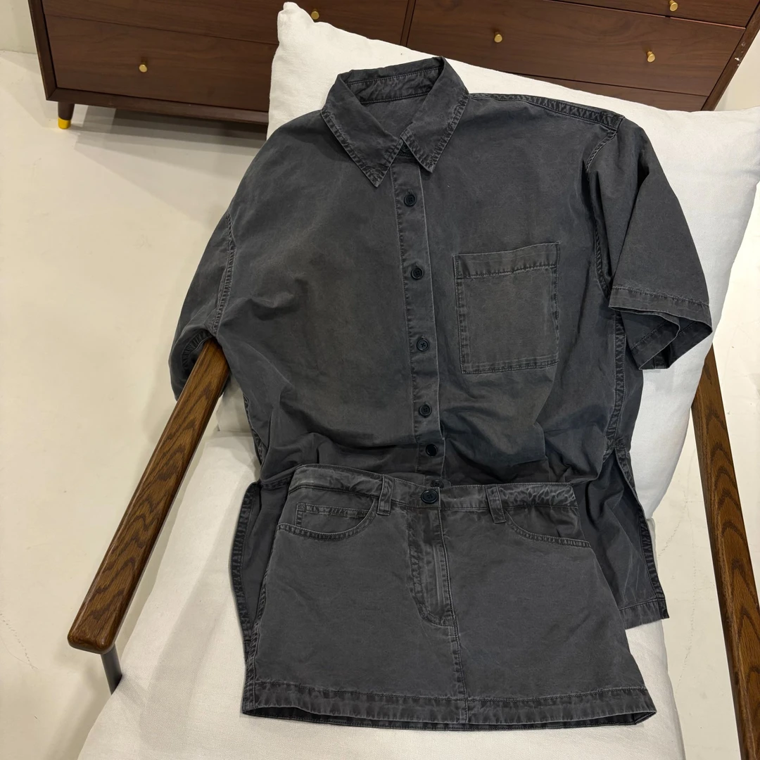 【塔鹿蕾】25年新款复古水洗假两件短袖衬衫连体裙0018