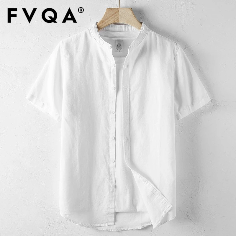 FVQA夏季新款短袖衬衫薄款立领冰丝感亚麻男宽松休闲棉麻衬衣男士