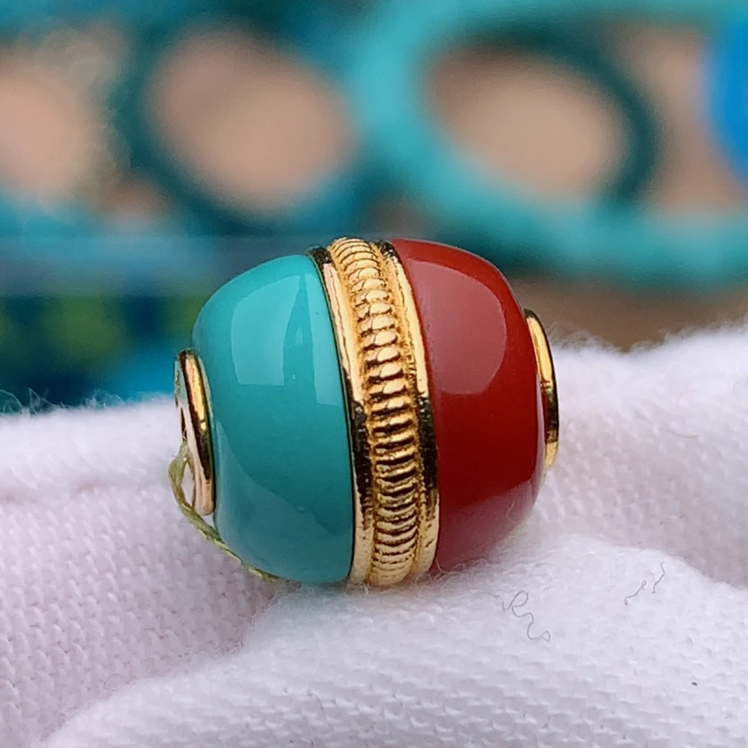 18K金镶嵌绿松石珠宝奇石10mm汉堡珠