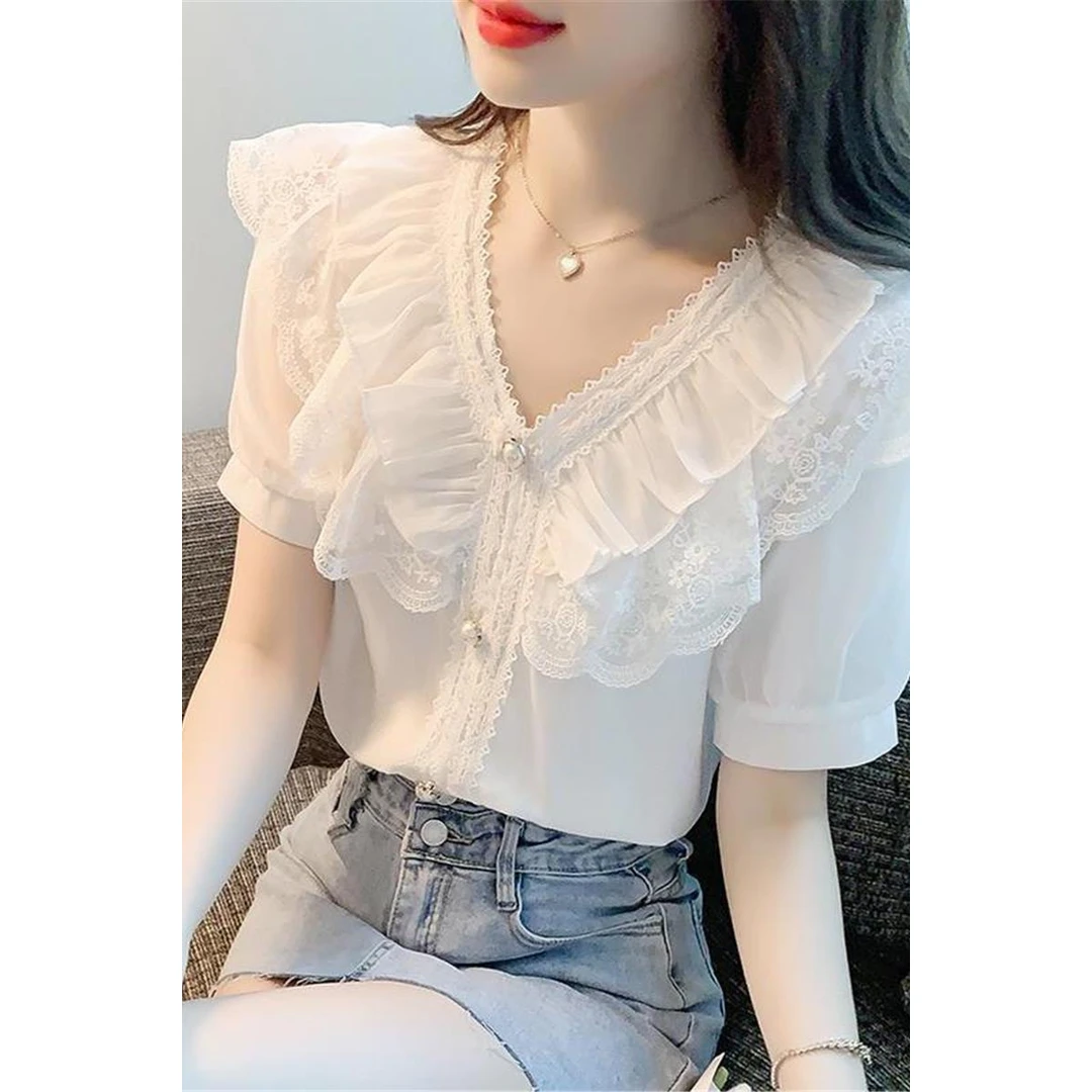 2025夏季新款甜美气质蕾丝荷叶边v领泡泡短袖白色雪纺衬衫上衣女