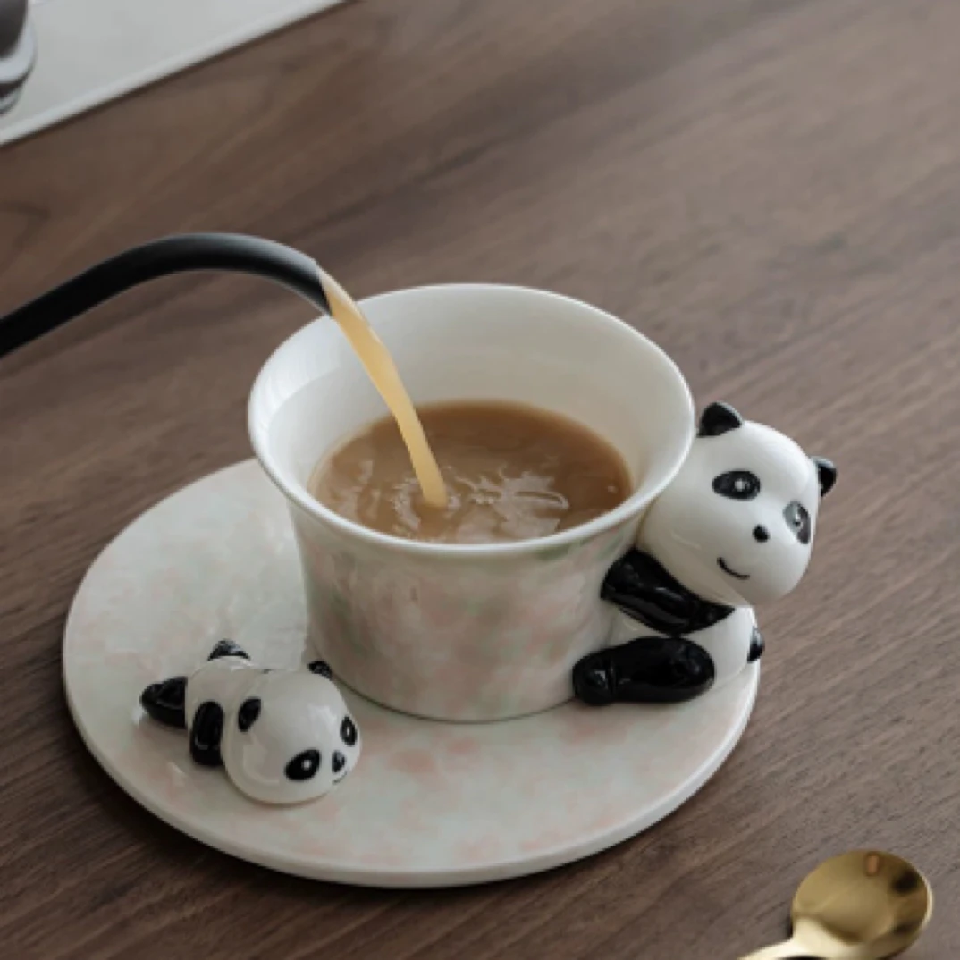 抱抱熊猫咖啡杯碟套装家用陶瓷办公高档精致可爱泡茶杯@1058