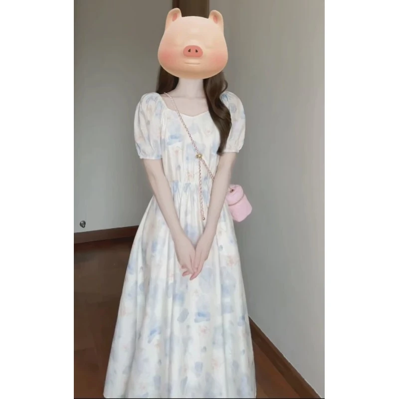 法式温柔印花泡泡袖V领连衣裙女夏季2024新款甜美收腰气质长裙子