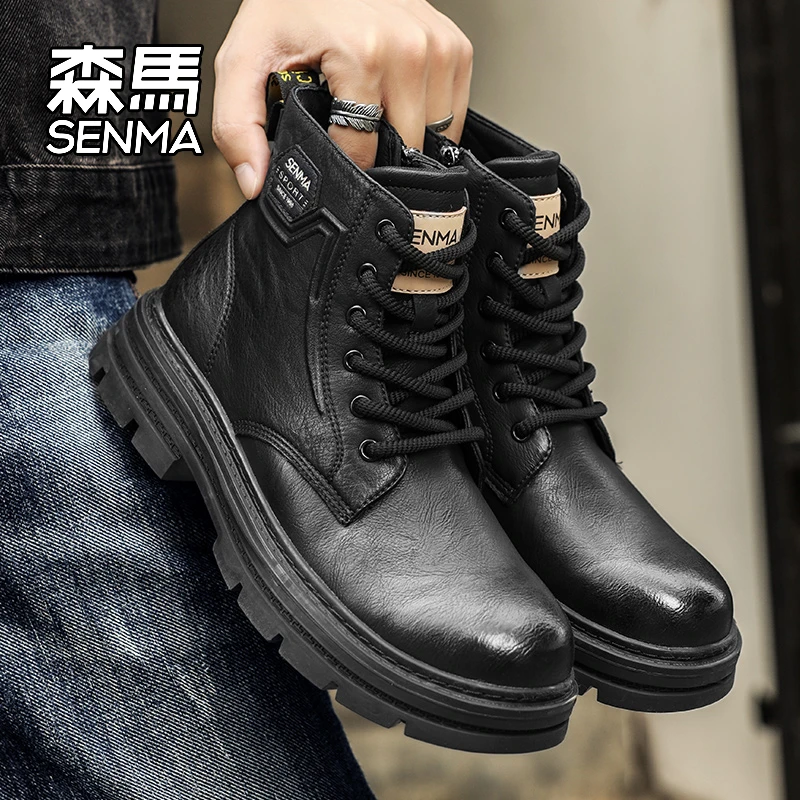 森马美式马丁靴男士秋冬款黑色休闲运动英伦风加绒增高工装骑士靴