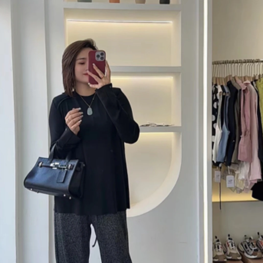 设计感侧系扣长袖T恤女宽松内搭中长款25023