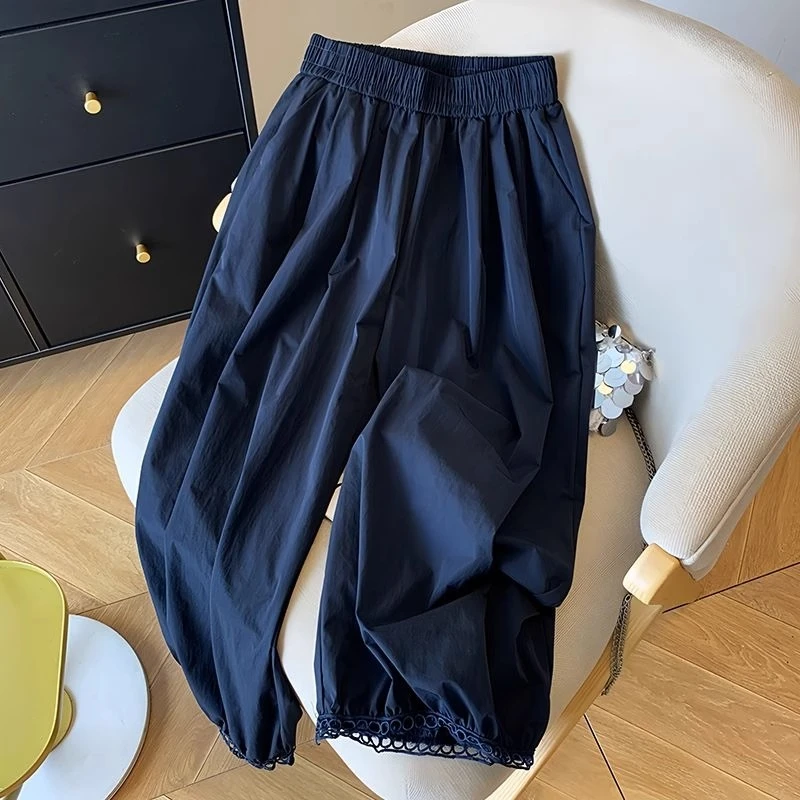 镂空拼接九分灯笼裤夏季新款大码梨形身材高腰显瘦宽松阔腿休闲裤