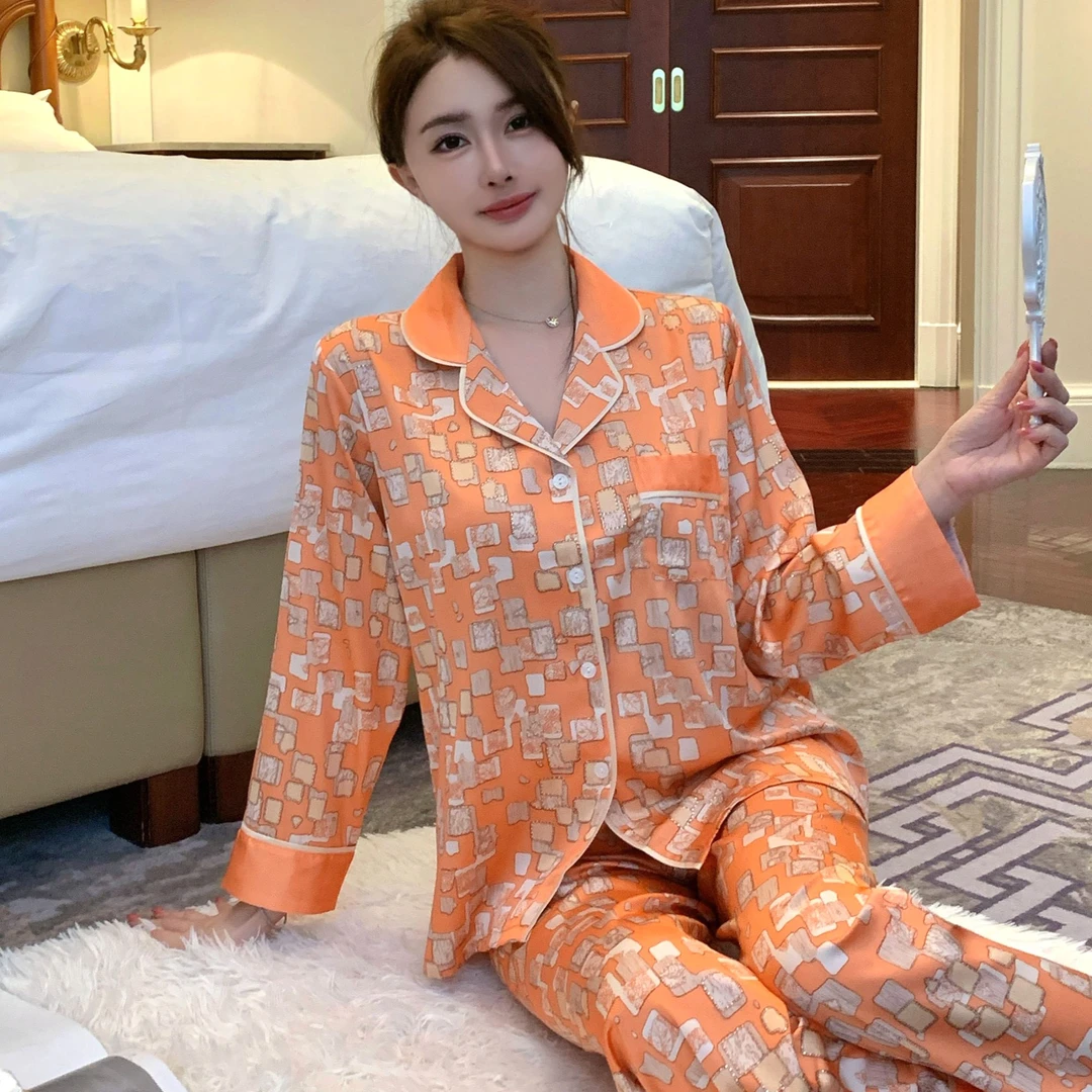 新款韩版睡衣女长袖长裤薄款开衫高级印花两件套家居服套装可外穿