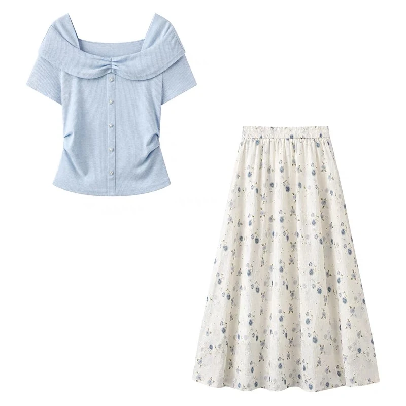 星欣-法式洋气温柔风夏季出游套装女一字肩T恤碎花高腰半裙两件套