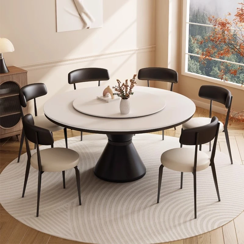 北欧岩板餐桌椅组合中古风现代简约家用小户型餐厅圆形带转盘桌子