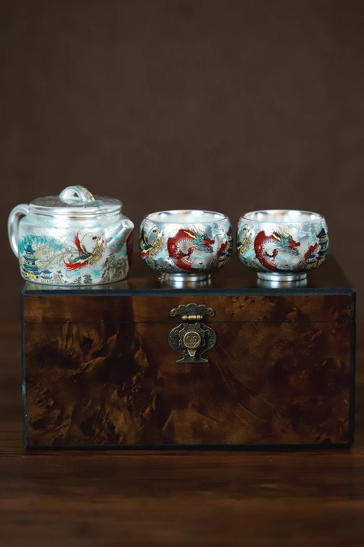 龙凤汉瓦壶银套装+龙茶盘（众）