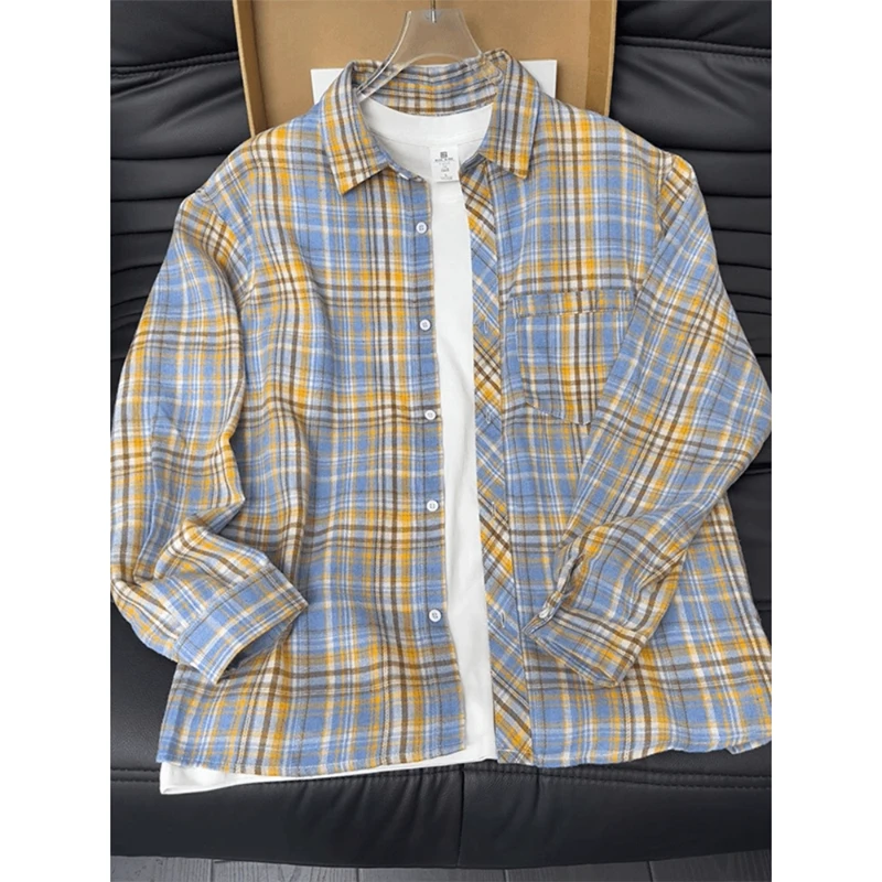 美式复古黄蓝格子长袖衬衫男款早秋ootd穿搭衬衣cleanfit休闲外套