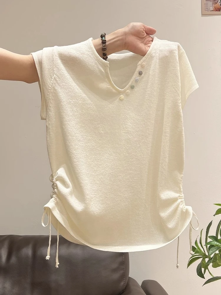 杏色V领针织短袖t恤女夏季新款薄款冰丝抽绳褶皱收腰显瘦短款上衣