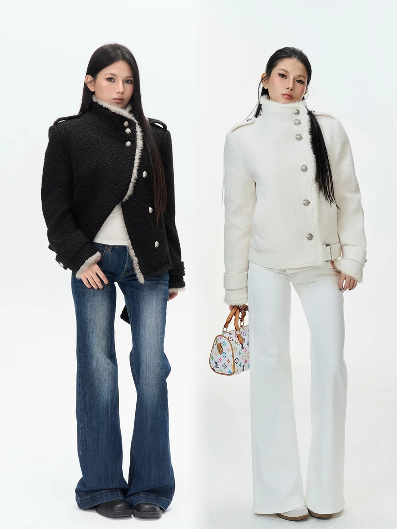【夹棉版】复古毛条拼接设计感立领毛呢短款夹克韩系气质外套