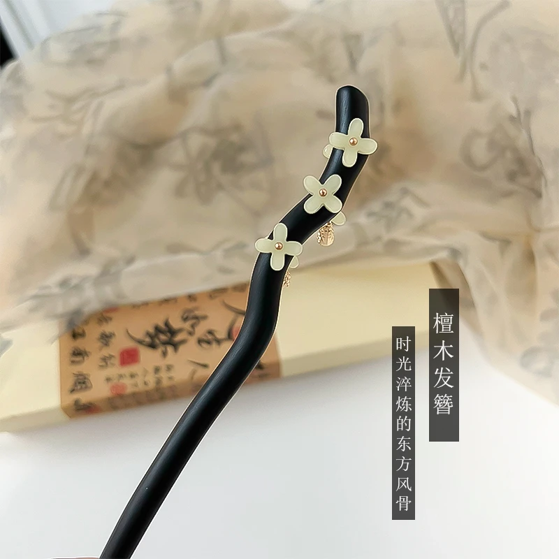 三秋桂影18cm国风黑檀木手工发簪百搭古风新中式汉服旗袍盘发