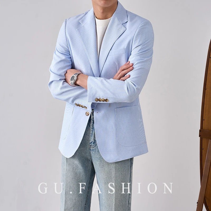 GU FASHION意式极简泡泡纱西装外套单排扣那不勒斯休闲条纹单西男