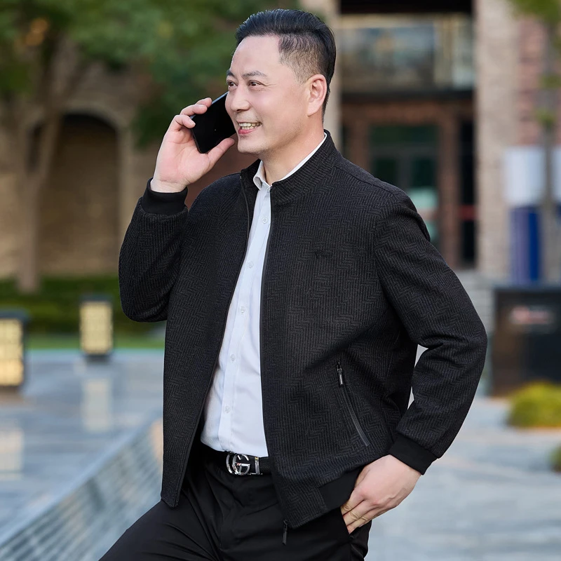 中年男士外套春秋季立领拉链夹克中厚款上衣中老年男装爸爸装外套