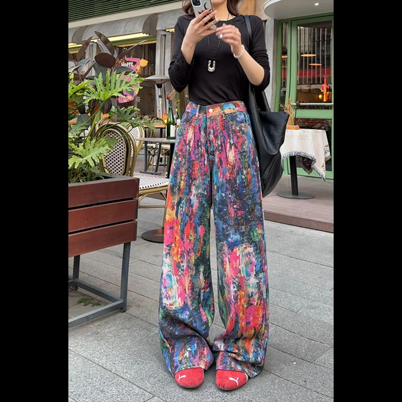 26688艺术感油画牛仔裤女2025年春季新款显瘦彩色窄版弯刀休闲裤