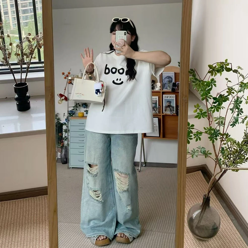 新款大码女装碎钻破影牛仔裤长裤破洞 6109